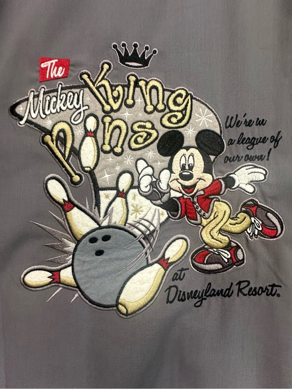 Vintage Disney Embroidered Mickey Pin King Bowling Gray Button-Up Shirt Sz XL